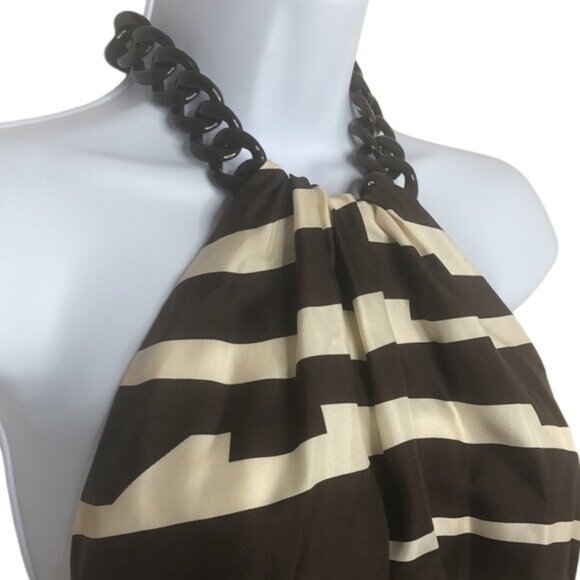 Milly Zebra Silk Cocktail Dress Brown Cream Halter Chain Strap Sleeveless Size 2 - Picture 3 of 16